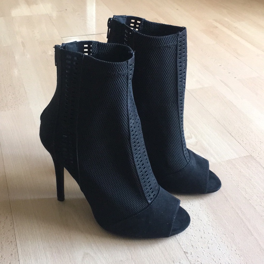 Qupid black suede / mesh over the ankle high heels